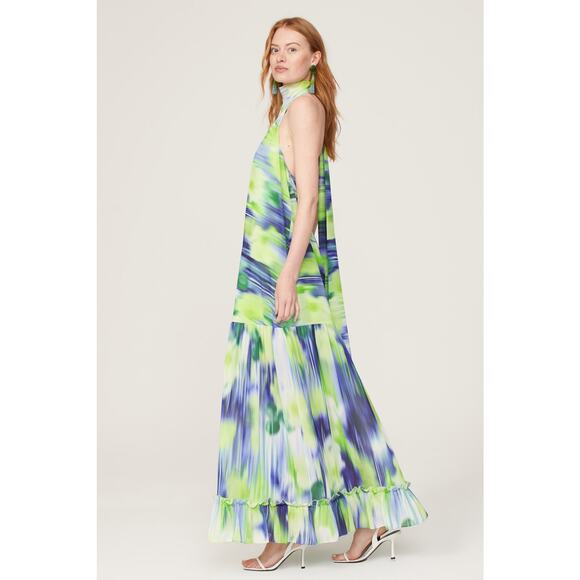 ONE33 SOCIAL Green Blue Watercolor Abstract Halter Neck Tie Dye Dress Gown SZ 4 - Picture 3 of 16
